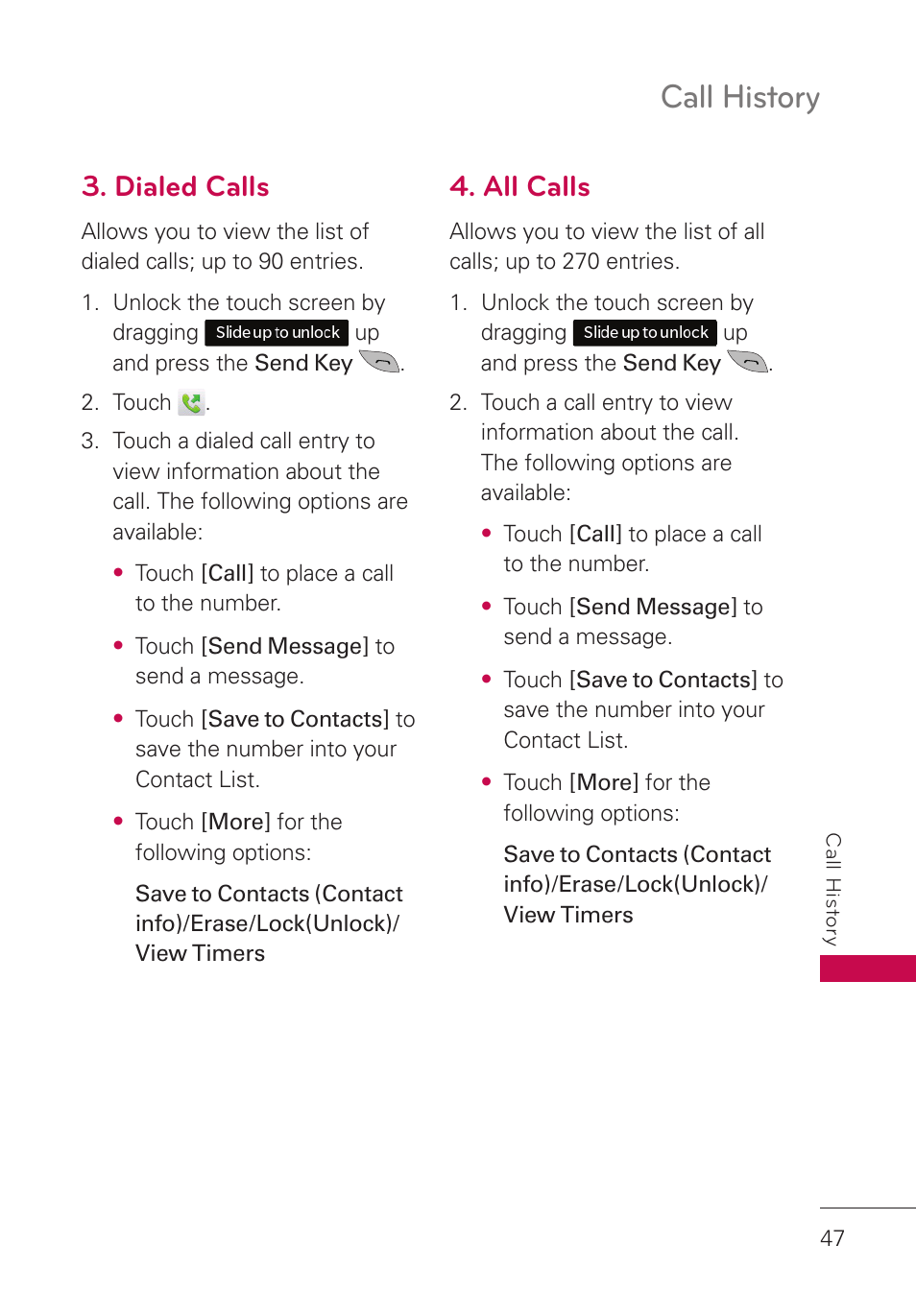 Dialed calls, All calls, Call history | LG UN280 User Manual | Page 49 / 128