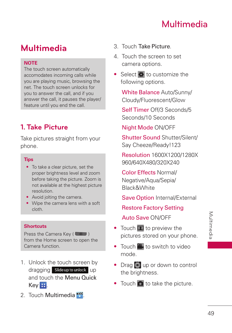 Multimedia, Take picture, Multimedia 49 | LG UN280 User Manual | Page 51 / 128