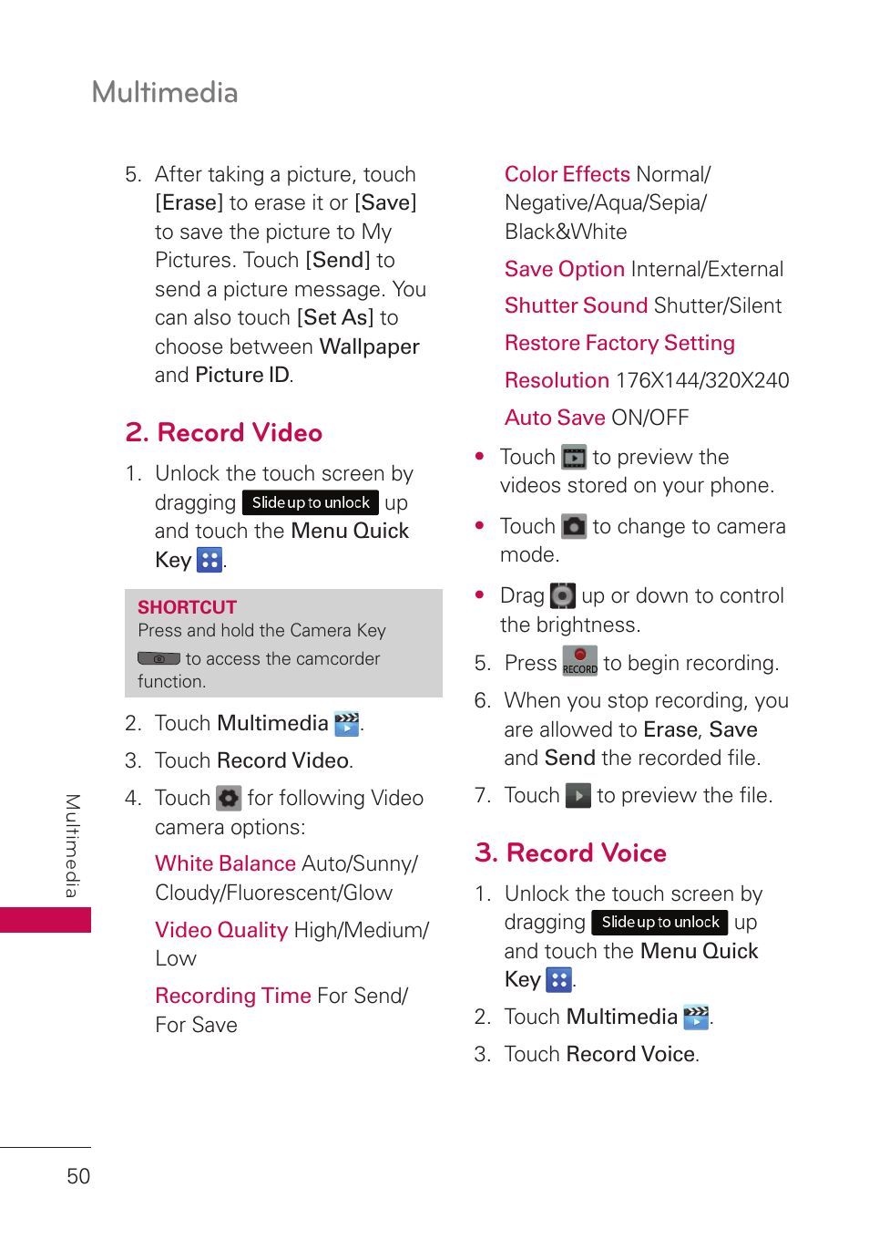 Record video, Record voice, Multimedia | LG UN280 User Manual | Page 52 / 128