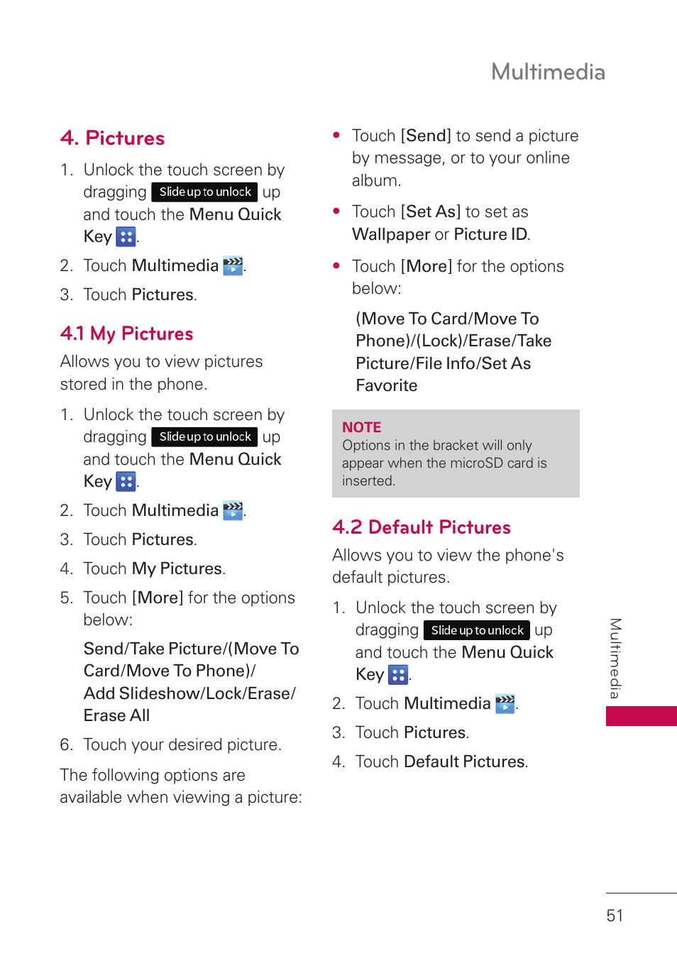 Pictures, 1 my pictures, 2 default pictures | Multimedia | LG UN280 User Manual | Page 53 / 128