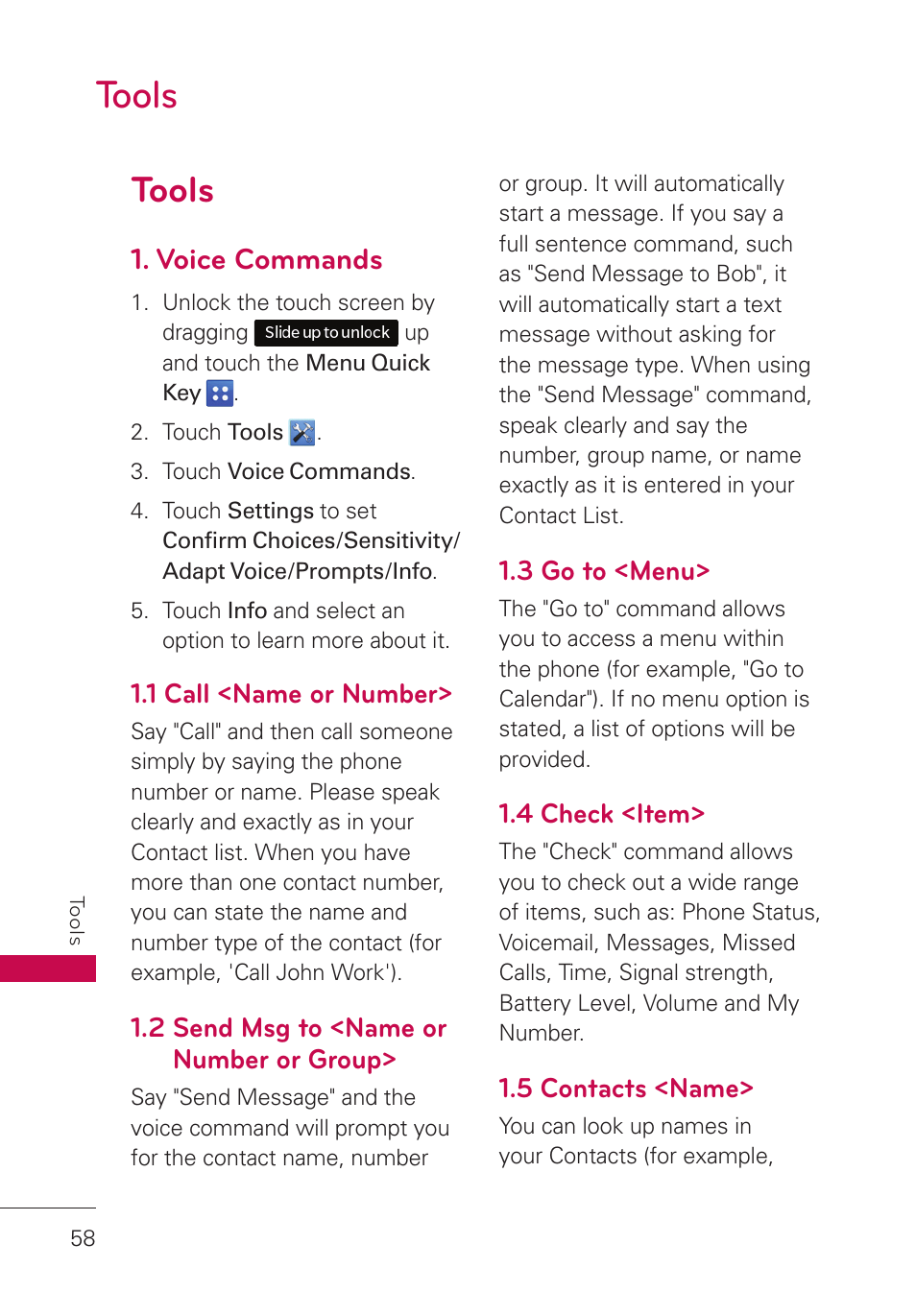 Tools, Voice commands, 1 call <name or number | 2 send msg to <name or number or group, 3 go to <menu, 4 check <item, 5 contacts <name, Tools 58, 2 send msg to <name or number, Or group | LG UN280 User Manual | Page 60 / 128