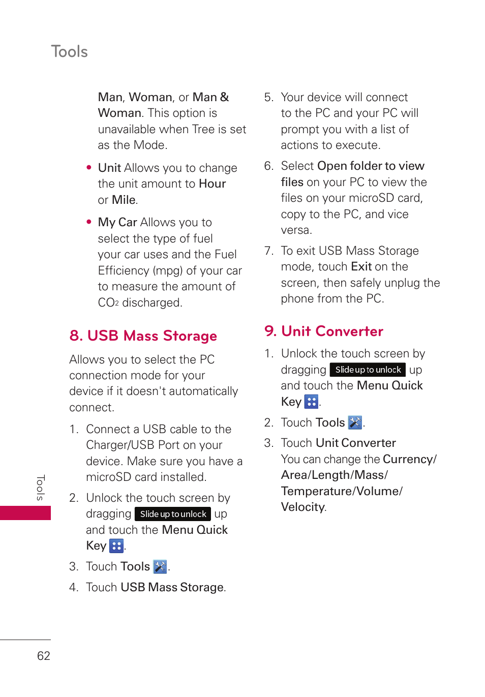 Usb mass storage, Unit converter, Tools | LG UN280 User Manual | Page 64 / 128