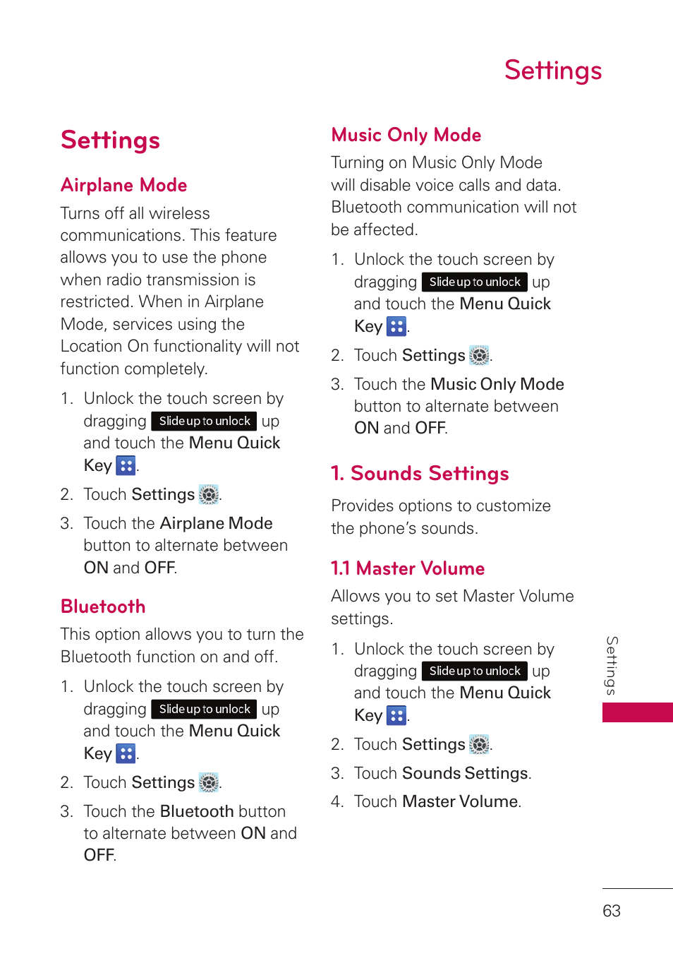 Settings, Airplane mode, Bluetooth | Music only mode, Sounds settings, 1 master volume, Settings 63 | LG UN280 User Manual | Page 65 / 128