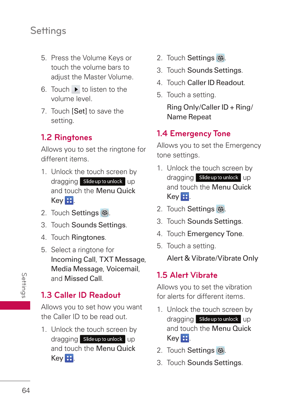 2 ringtones, 3 caller id readout, 4 emergency tone | 5 alert vibrate, Settings | LG UN280 User Manual | Page 66 / 128