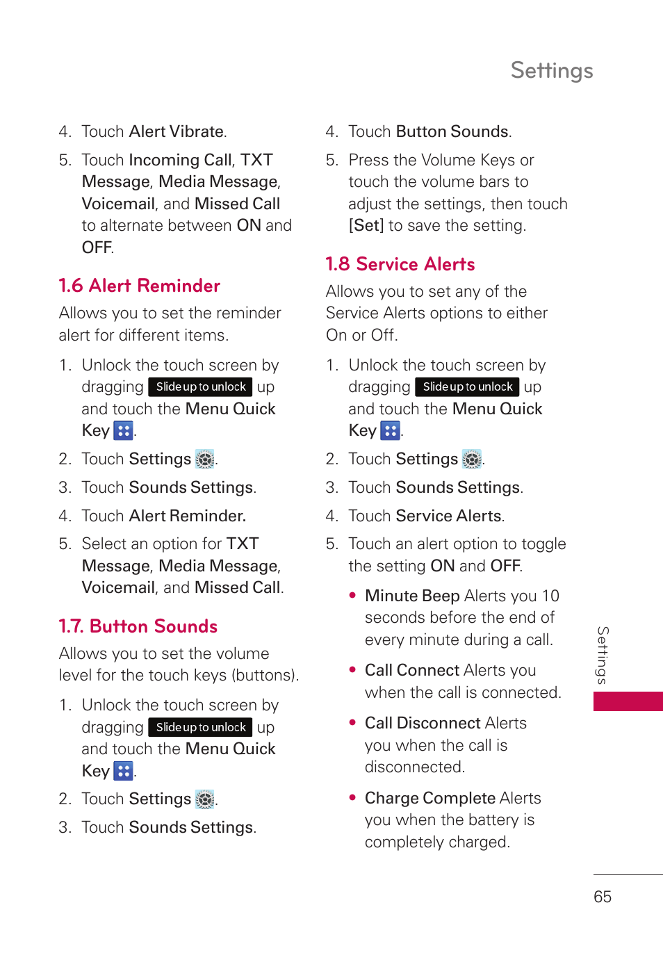 6 alert reminder, Button sounds, 8 service alerts | Settings | LG UN280 User Manual | Page 67 / 128