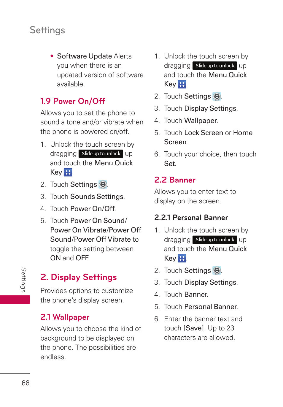 9 power on/off, Display settings, 1 wallpaper | 2 banner, 1 personal banner, Settings | LG UN280 User Manual | Page 68 / 128