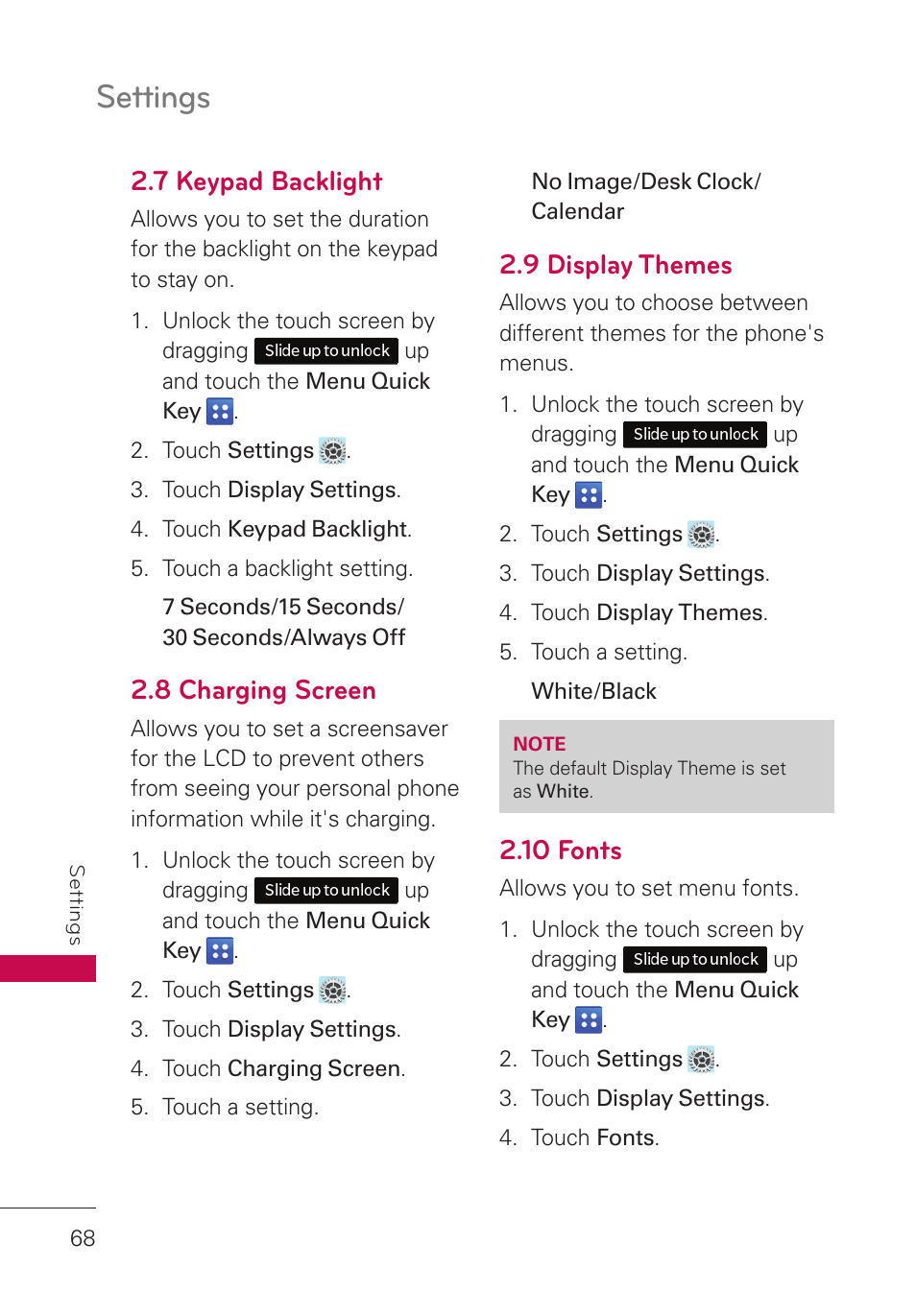 7 keypad backlight, 8 charging screen, 9 display themes | 10 fonts, Settings | LG UN280 User Manual | Page 70 / 128