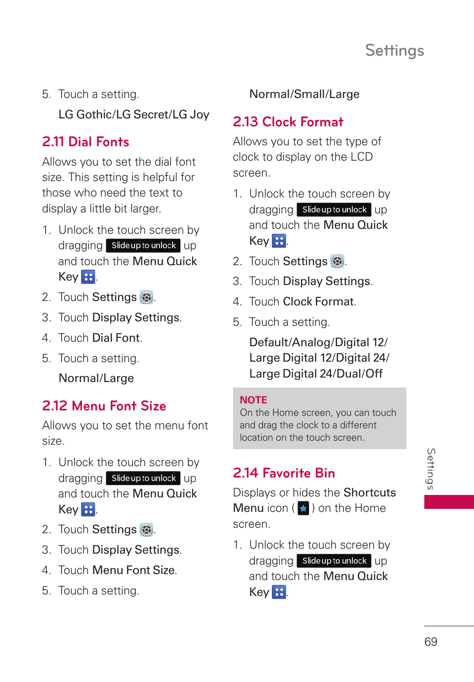 11 dial fonts, 12 menu font size, 13 clock format | 14 favorite bin, Settings | LG UN280 User Manual | Page 71 / 128
