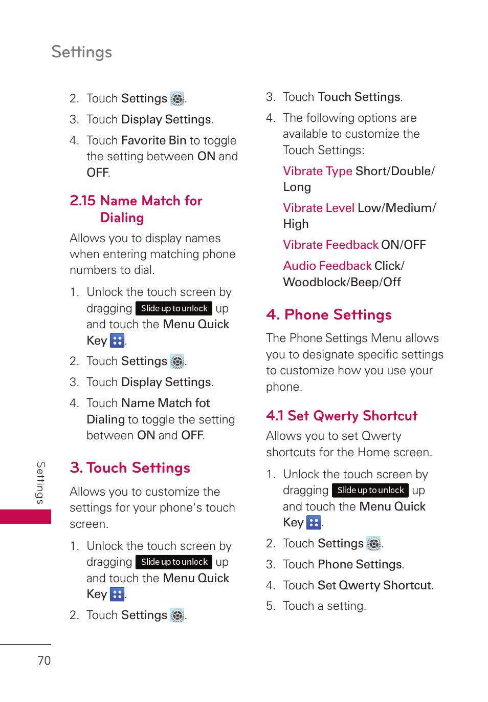15 name match for dialing, Touch settings, Phone settings | 1 set qwerty shortcut, 15 name match for dialing, Settings | LG UN280 User Manual | Page 72 / 128