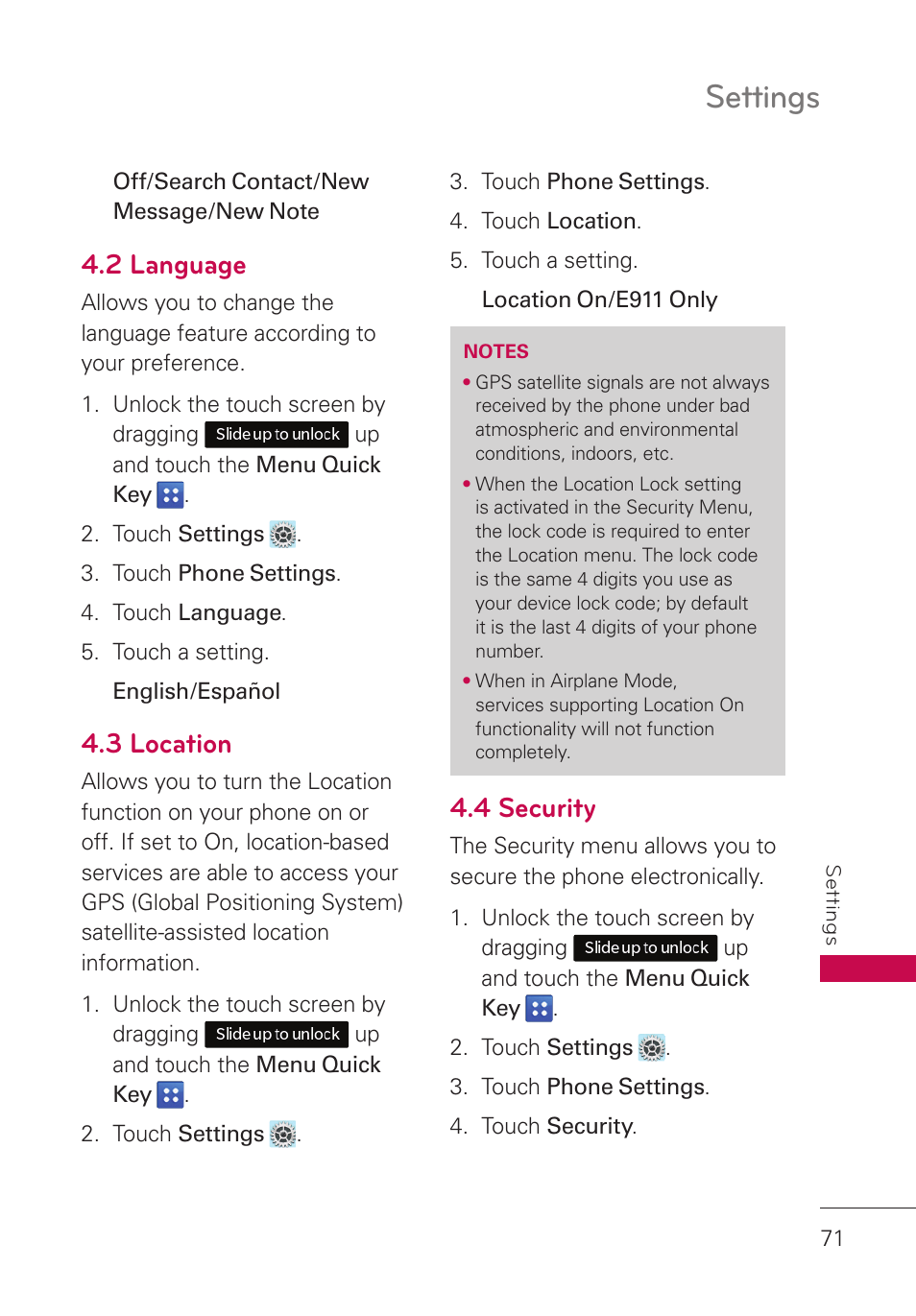 2 language, 3 location, 4 security | Settings | LG UN280 User Manual | Page 73 / 128