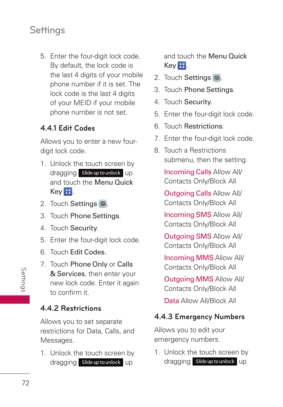 1 edit codes, 2 restrictions, 3 emergency numbers | Settings | LG UN280 User Manual | Page 74 / 128