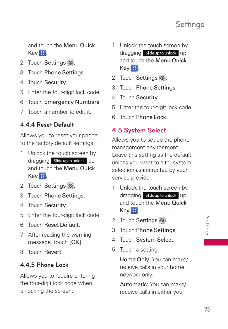 4 reset default, 5 phone lock, 5 system select | Settings | LG UN280 User Manual | Page 75 / 128