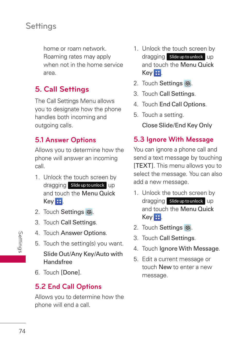 Call settings, 1 answer options, 2 end call options | 3 ignore with message, Settings | LG UN280 User Manual | Page 76 / 128