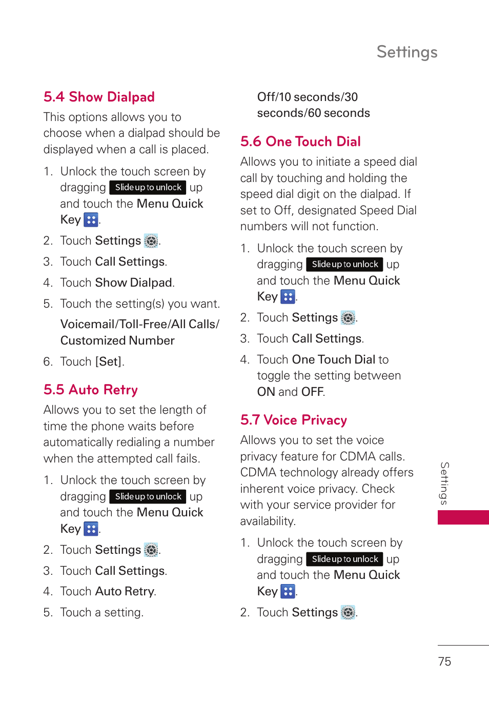 4 show dialpad, 5 auto retry, 6 one touch dial | 7 voice privacy, Settings | LG UN280 User Manual | Page 77 / 128