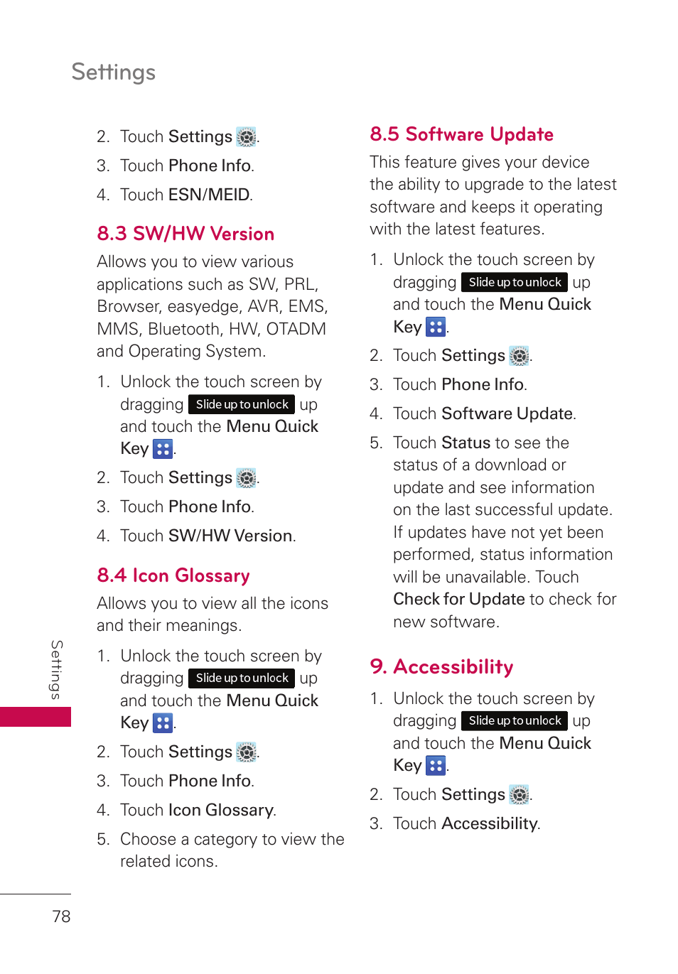 3 sw/hw version, 4 icon glossary, 5 software update | Accessibility, Settings | LG UN280 User Manual | Page 80 / 128