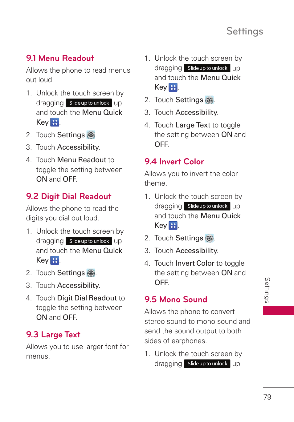 1 menu readout, 2 digit dial readout, 3 large text | 4 invert color, 5 mono sound, Settings | LG UN280 User Manual | Page 81 / 128