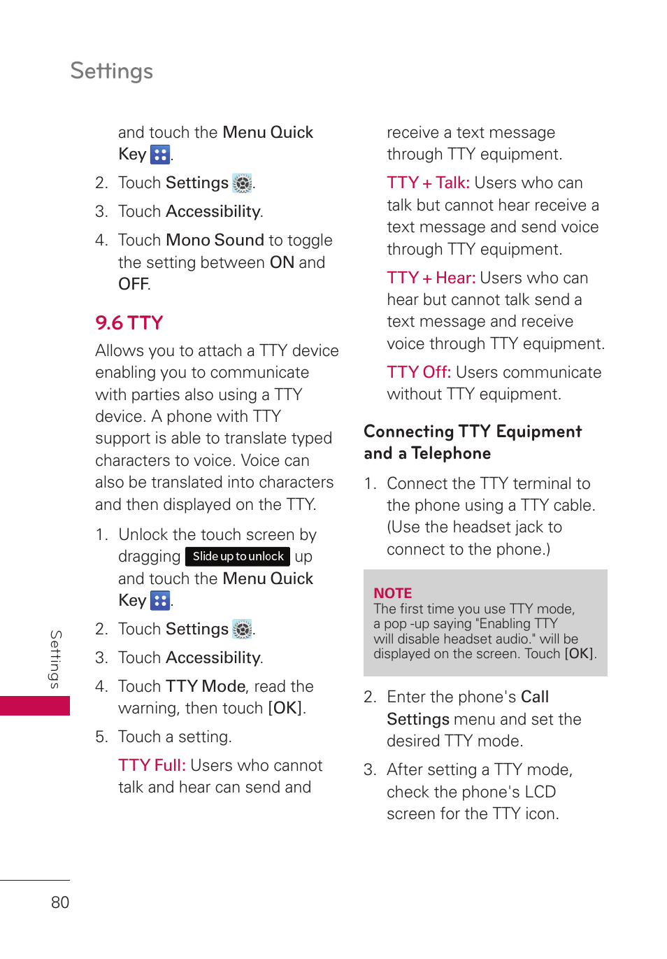 6 tty, Connecting tty equipment and a telephone, Connecting tty equipment and a | Telephone, Settings | LG UN280 User Manual | Page 82 / 128