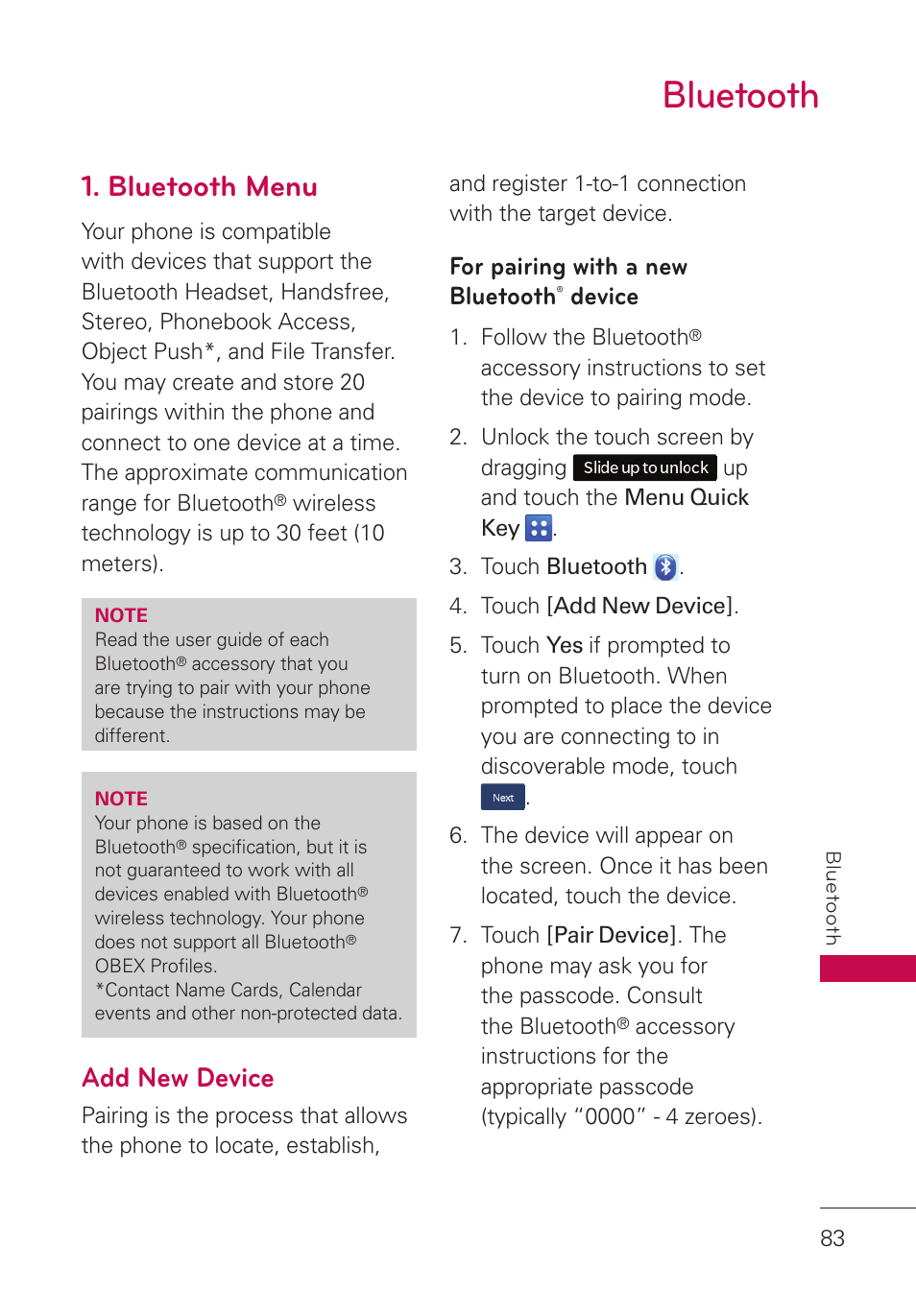 Bluetooth, Bluetooth menu, Add new device | Bluetooth 83, For pairing with a new bluetooth, Device | LG UN280 User Manual | Page 85 / 128