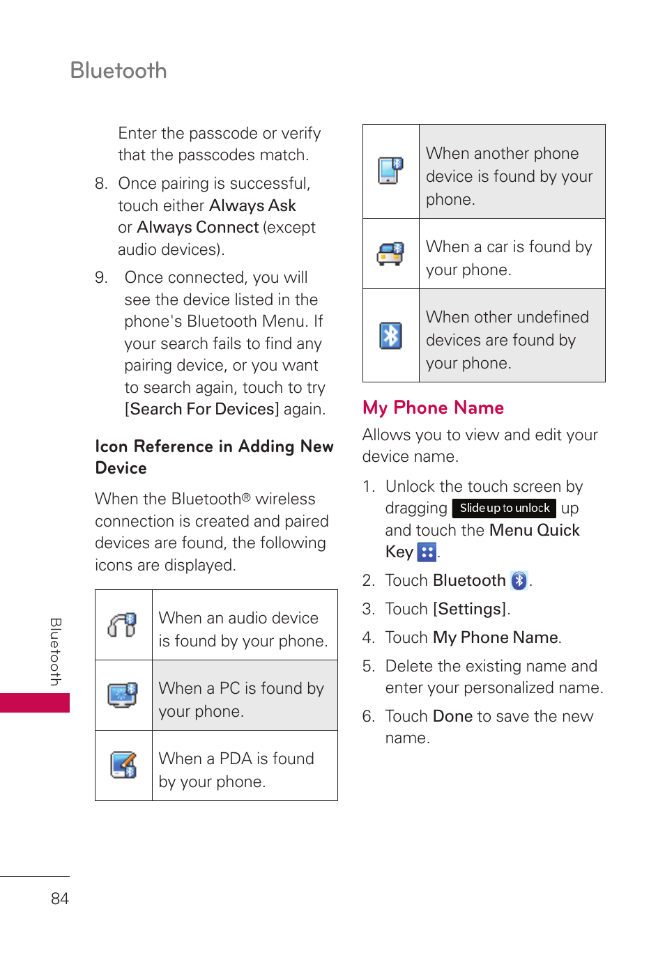 My phone name, Bluetooth | LG UN280 User Manual | Page 86 / 128