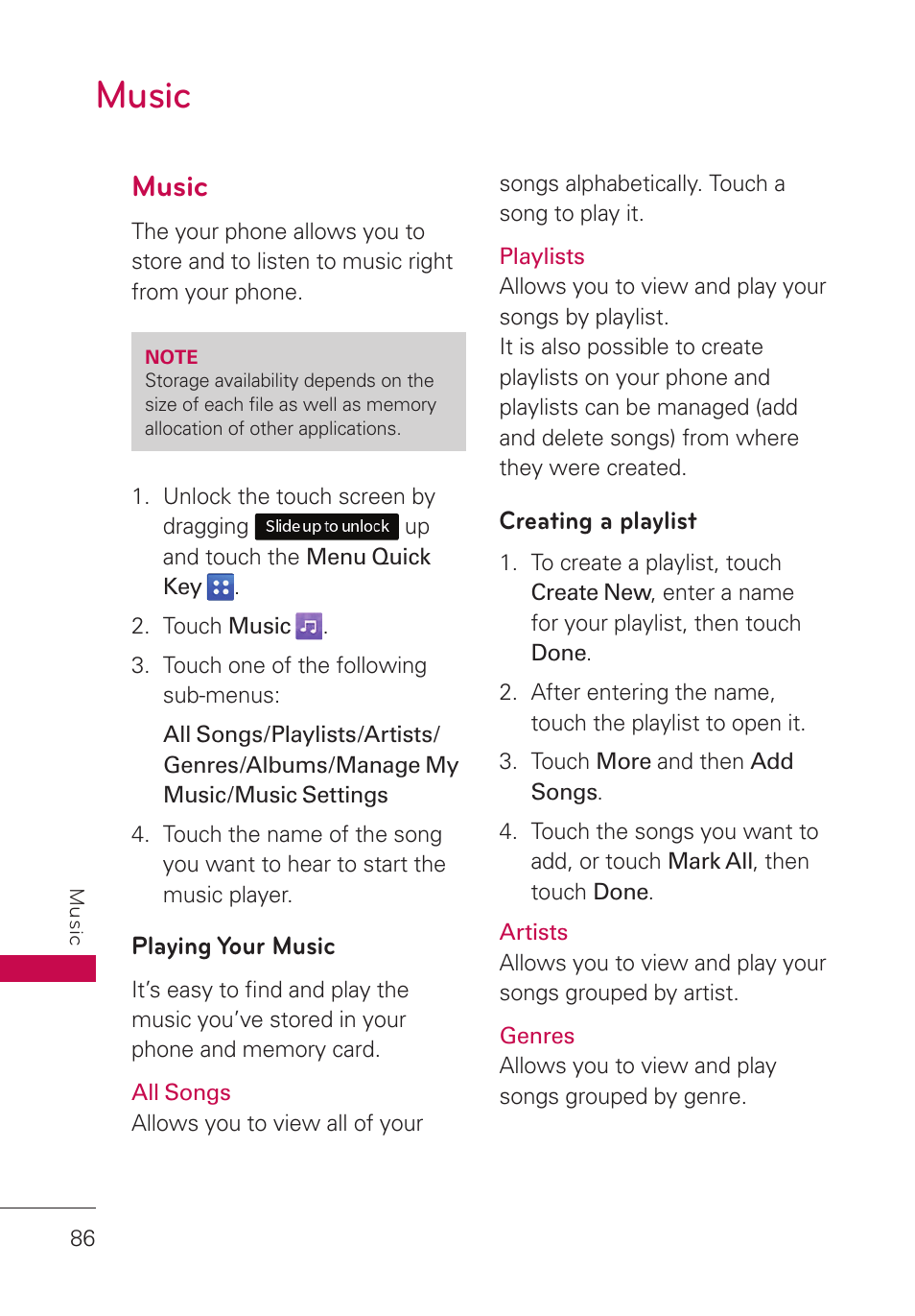 Music, Music 86 | LG UN280 User Manual | Page 88 / 128