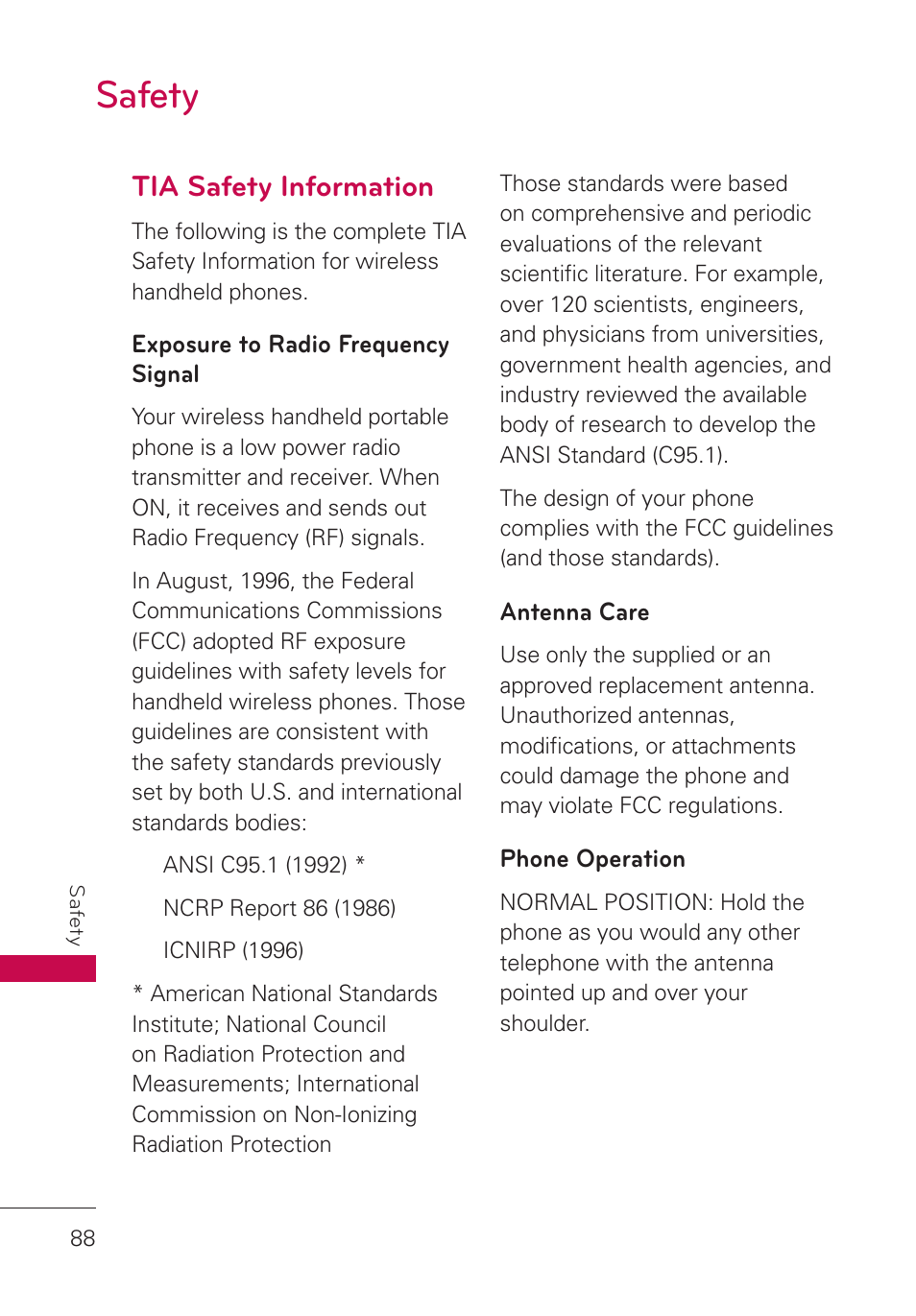 Safety, Tia safety information, Exposure to radio frequency signal | Antenna care, Phone operation, Safety 88, Exposure to radio frequency, Signal | LG UN280 User Manual | Page 90 / 128