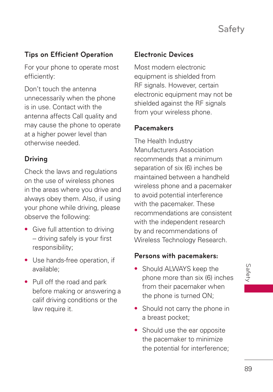Tips on efficient operation, Driving, Electronic devices | Pacemakers, Persons with pacemakers, Tips on efﬁcient operation, Safety | LG UN280 User Manual | Page 91 / 128