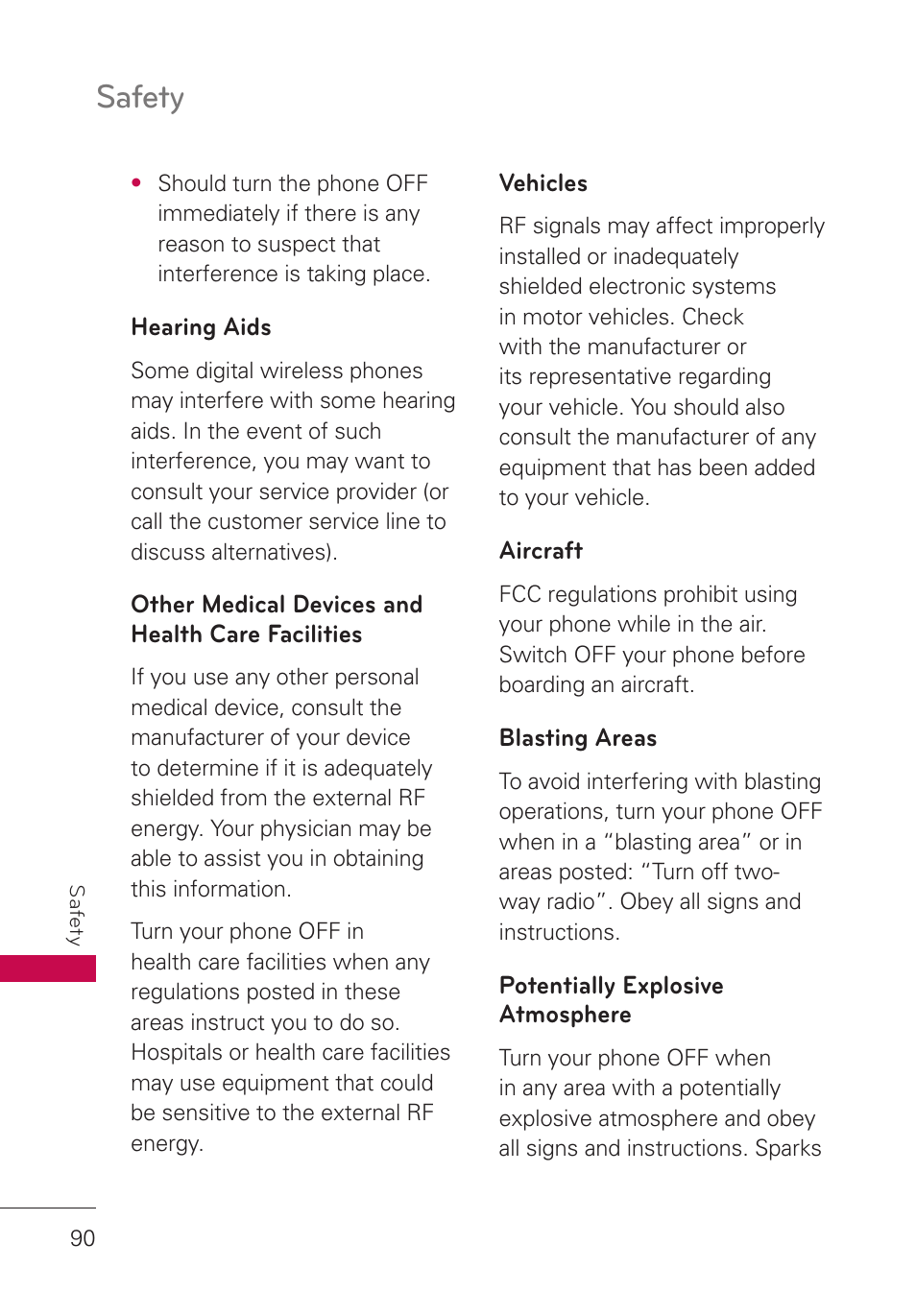 Hearing aids, Other medical devices and health care facilities, Vehicles | Aircraft, Blasting areas, Potentially explosive atmosphere, Other medical devices and health, Care facilities, Safety | LG UN280 User Manual | Page 92 / 128