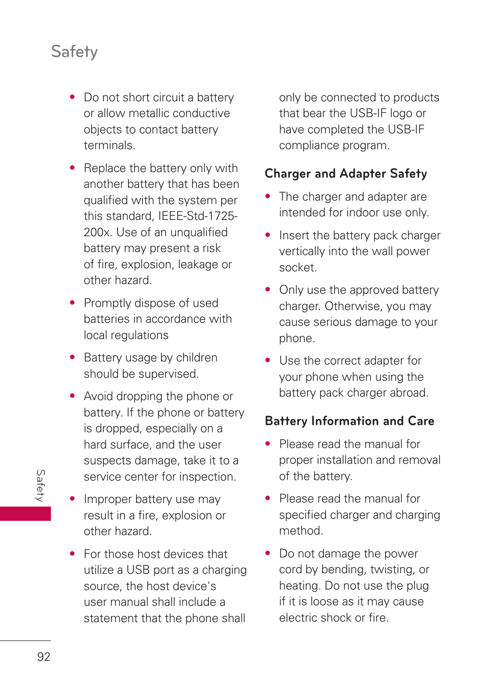 Charger and adapter safety, Battery information and care, Safety | LG UN280 User Manual | Page 94 / 128