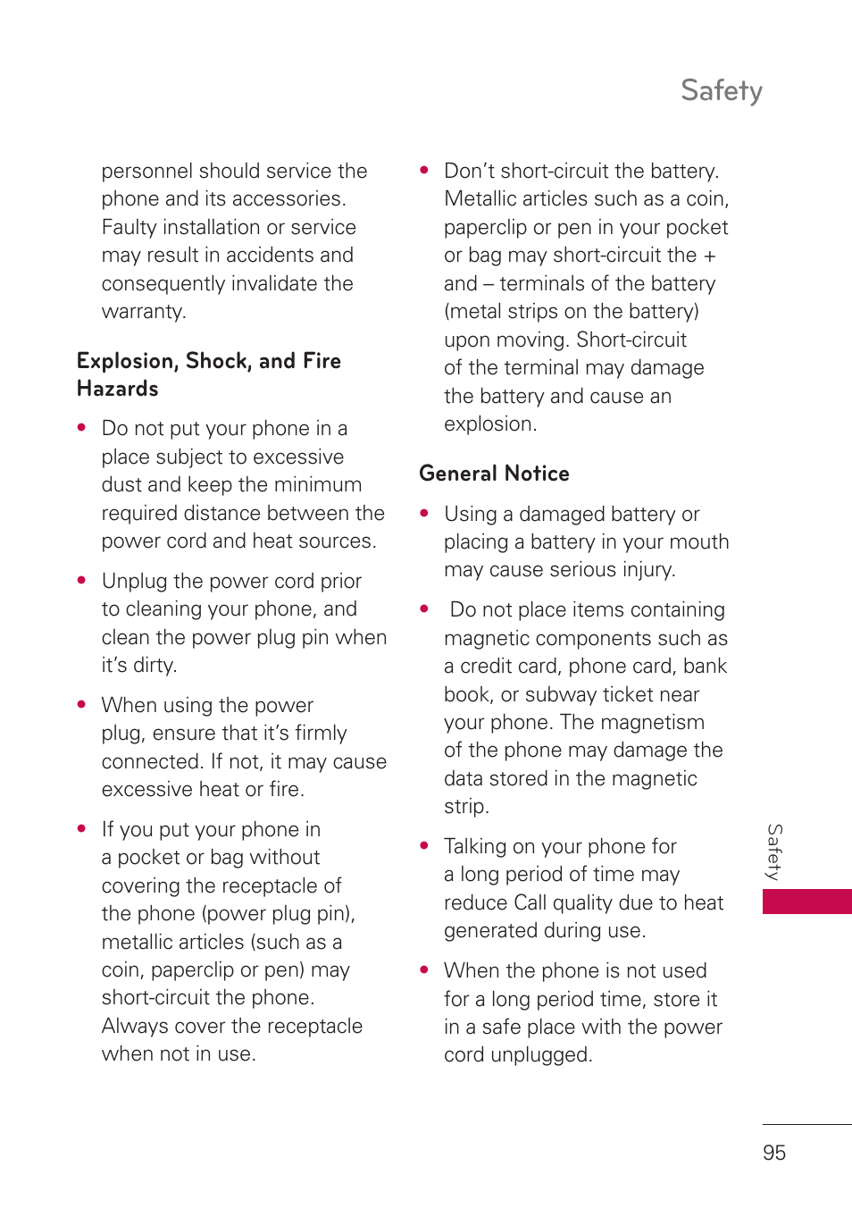 Explosion, shock, and fire hazards, General notice, Explosion, shock, and fire hazards 95 | Safety | LG UN280 User Manual | Page 97 / 128