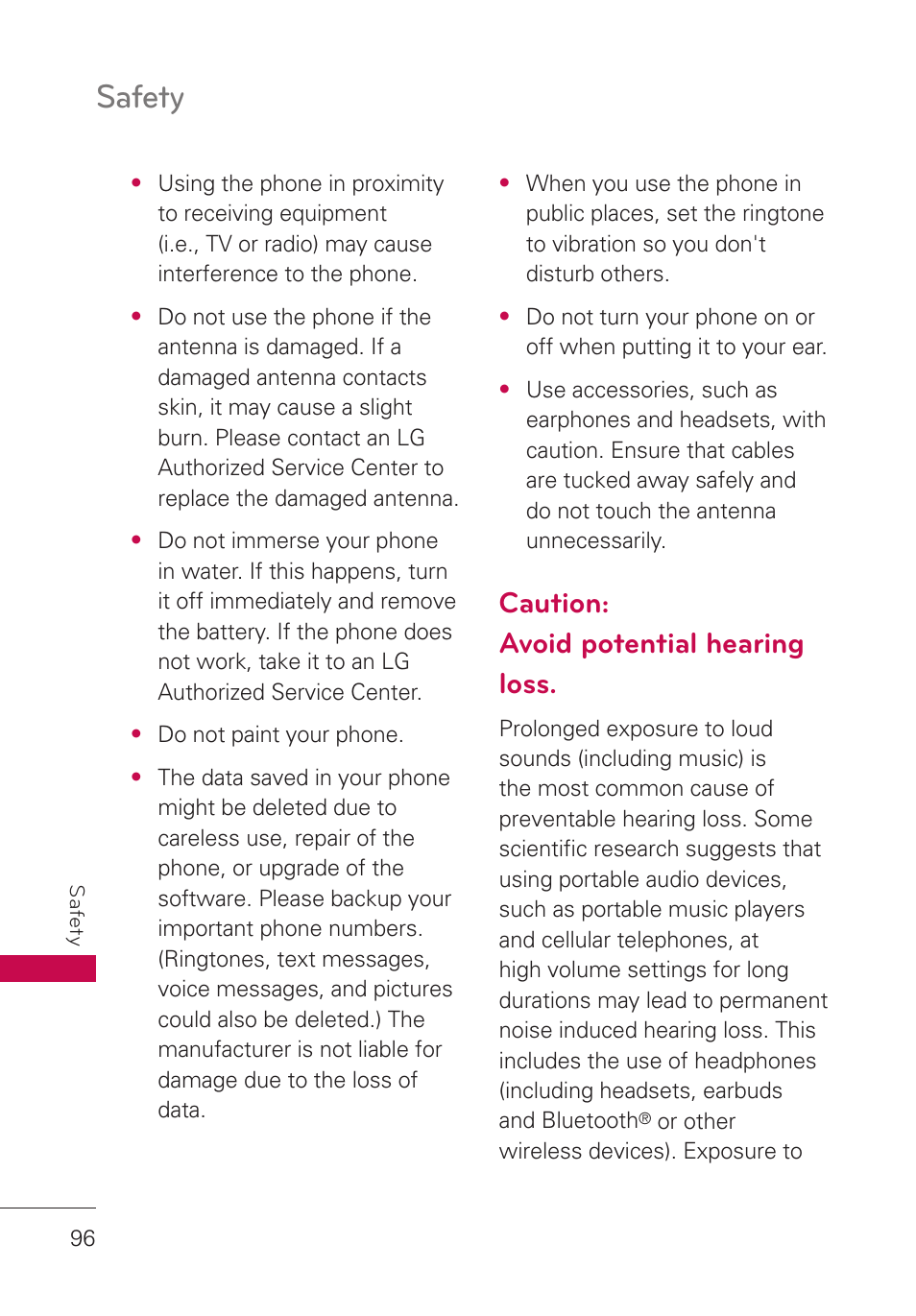 Caution: avoid potential hearing loss, Caution, Avoid potential hearing loss | Safety | LG UN280 User Manual | Page 98 / 128