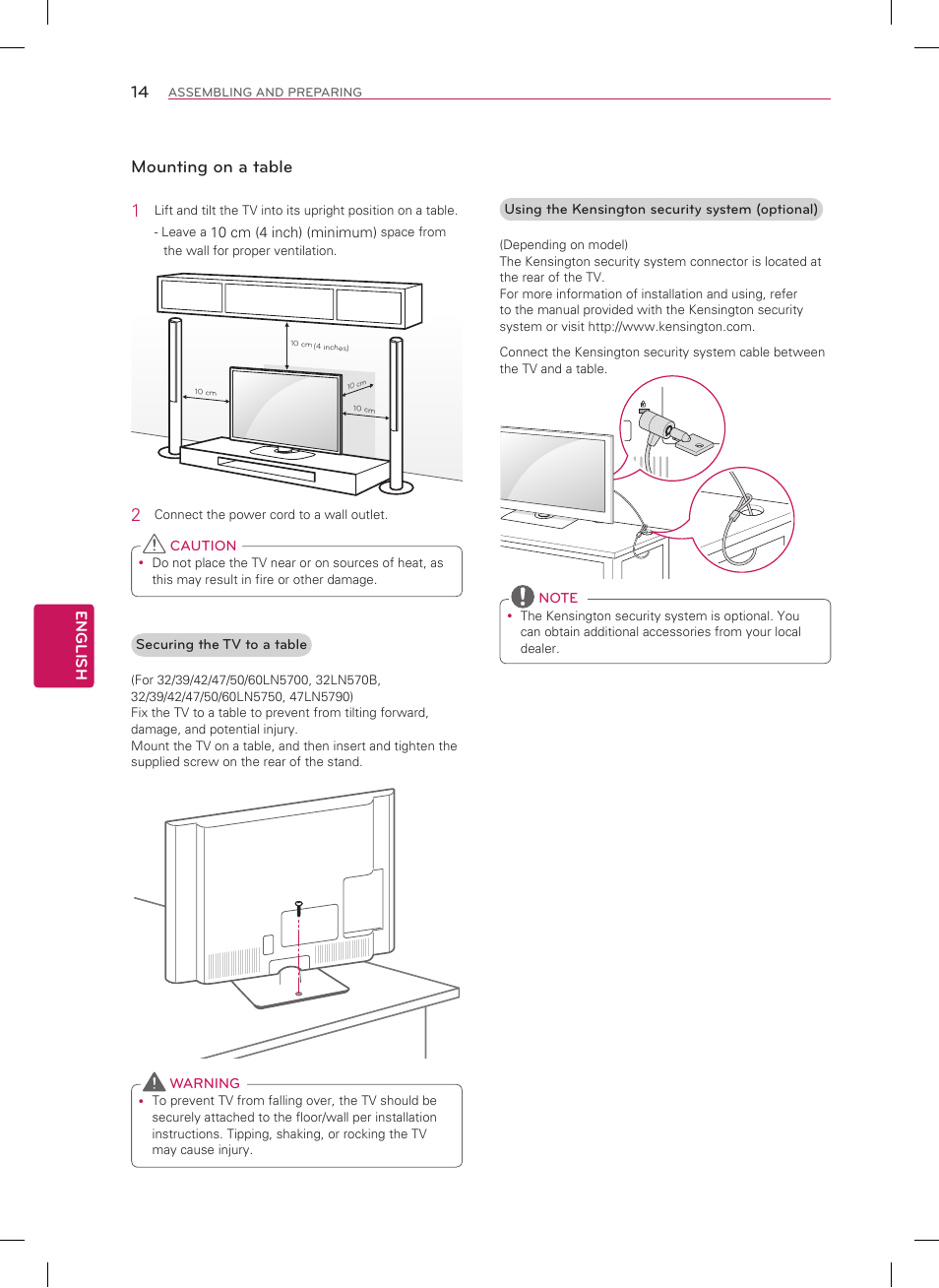 Mounting on a table 1 | LG 39LN5700 User Manual | Page 14 / 40