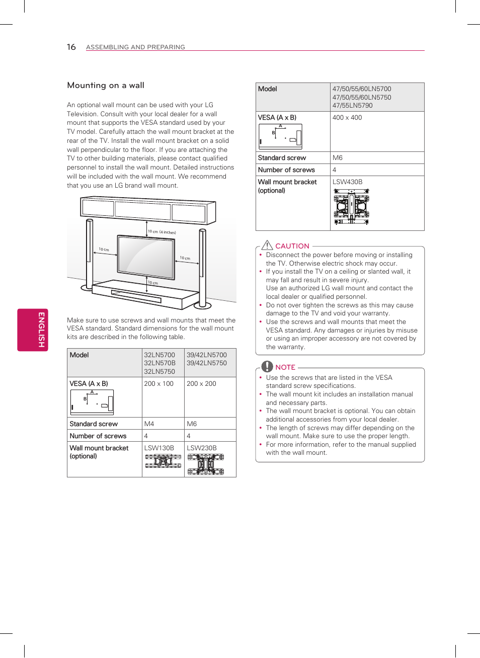 Mounting on a wall | LG 39LN5700 User Manual | Page 16 / 40