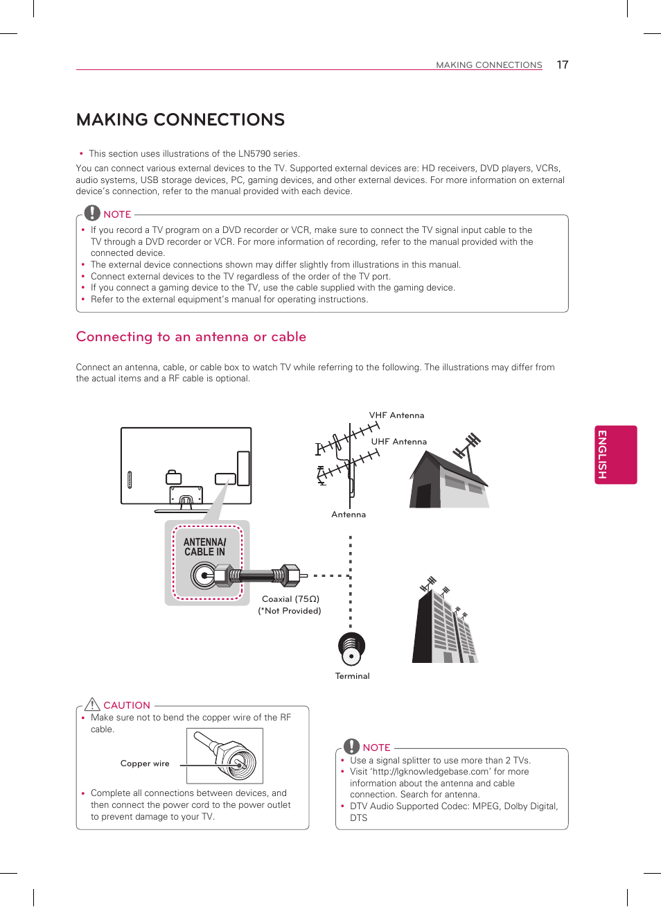 Making connections, Connecting to an antenna or cable | LG 39LN5700 User Manual | Page 17 / 40