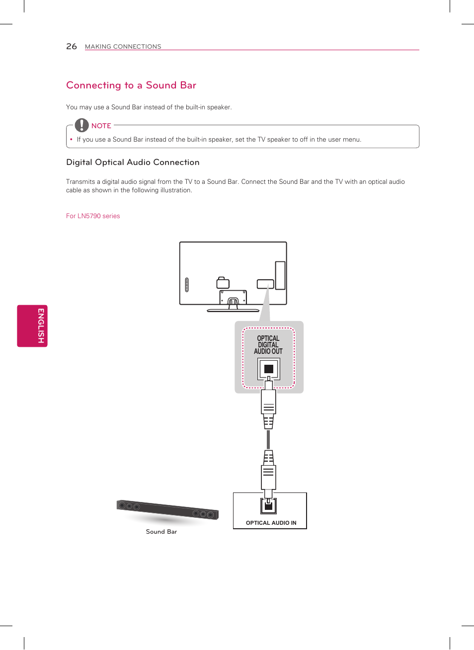 Connecting to a sound bar, Digital optical audio connection | LG 39LN5700 User Manual | Page 26 / 40