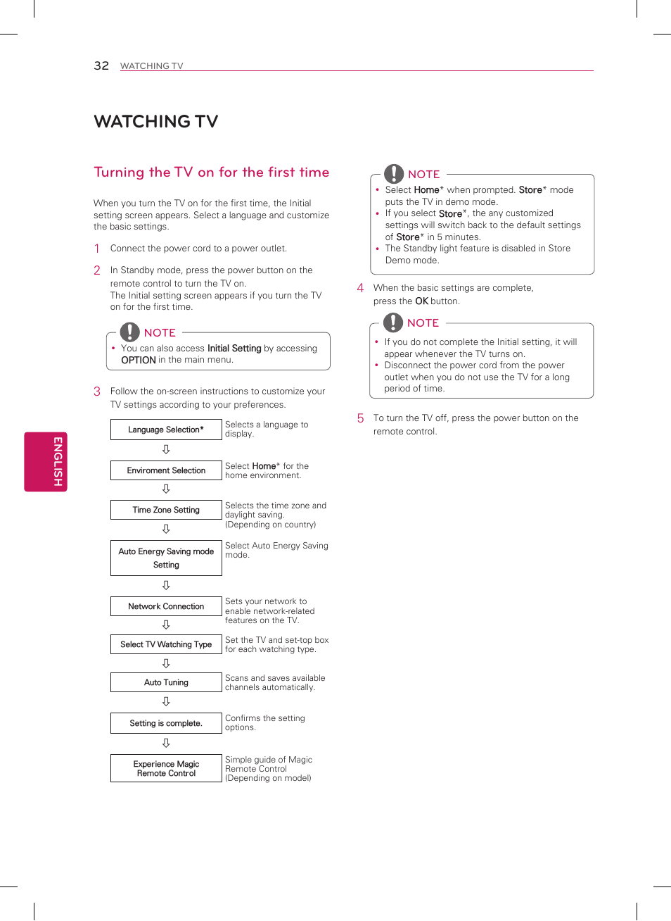 Watching tv, Turning the tv on for the first time | LG 39LN5700 User Manual | Page 32 / 40