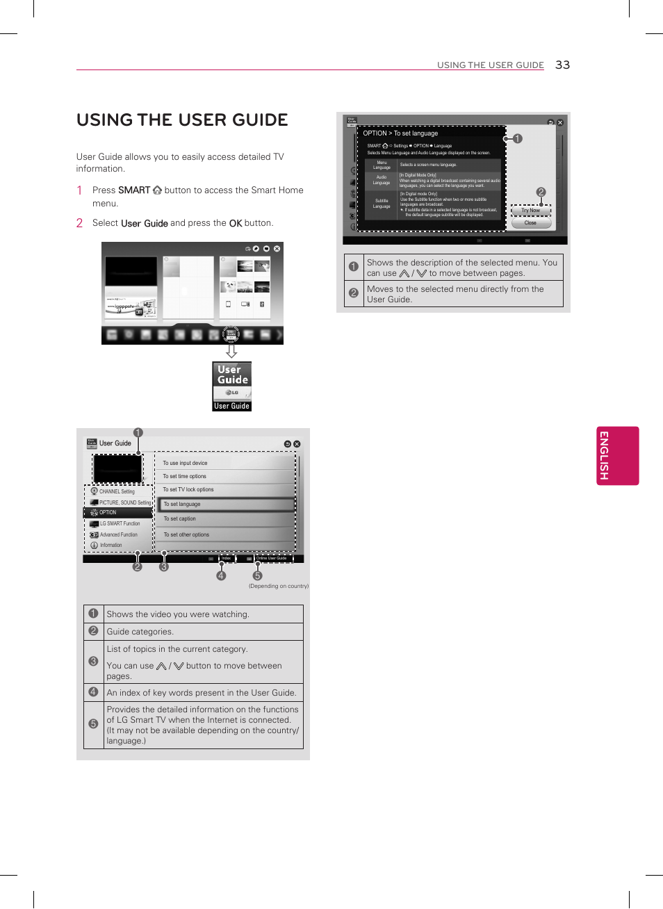 Using the user guide, English | LG 39LN5700 User Manual | Page 33 / 40