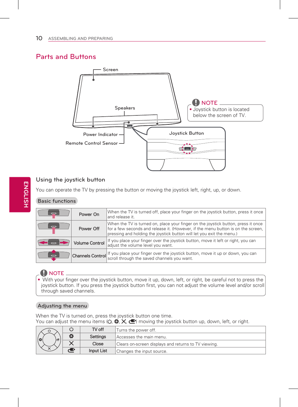 Parts and buttons, 10 english, Using the joystick button | LG 50LB5900 User Manual | Page 10 / 28