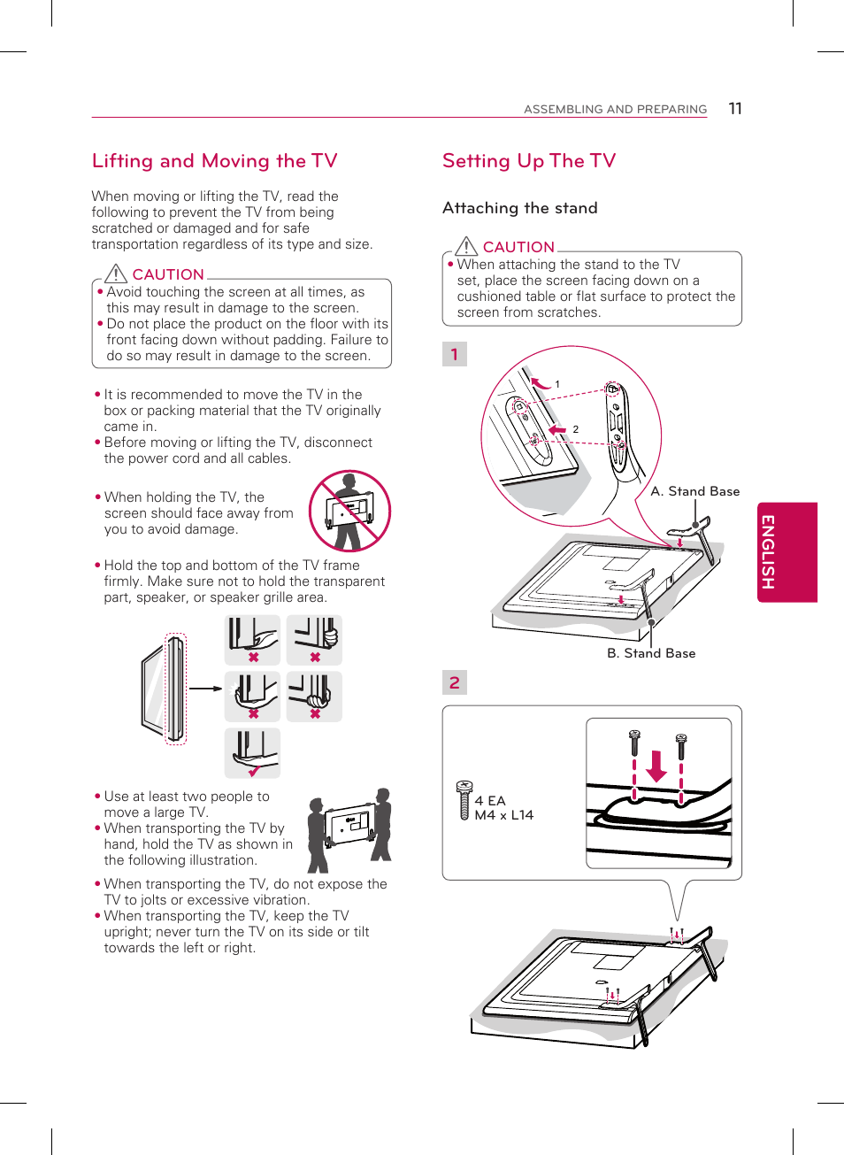 Lifting and moving the tv, Setting up the tv, 11 english | Attaching the stand | LG 50LB5900 User Manual | Page 11 / 28