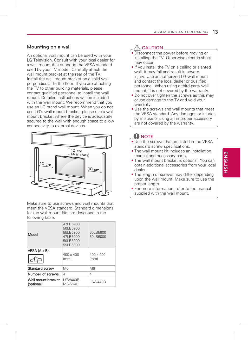 13 english, Mounting on a wall | LG 50LB5900 User Manual | Page 13 / 28