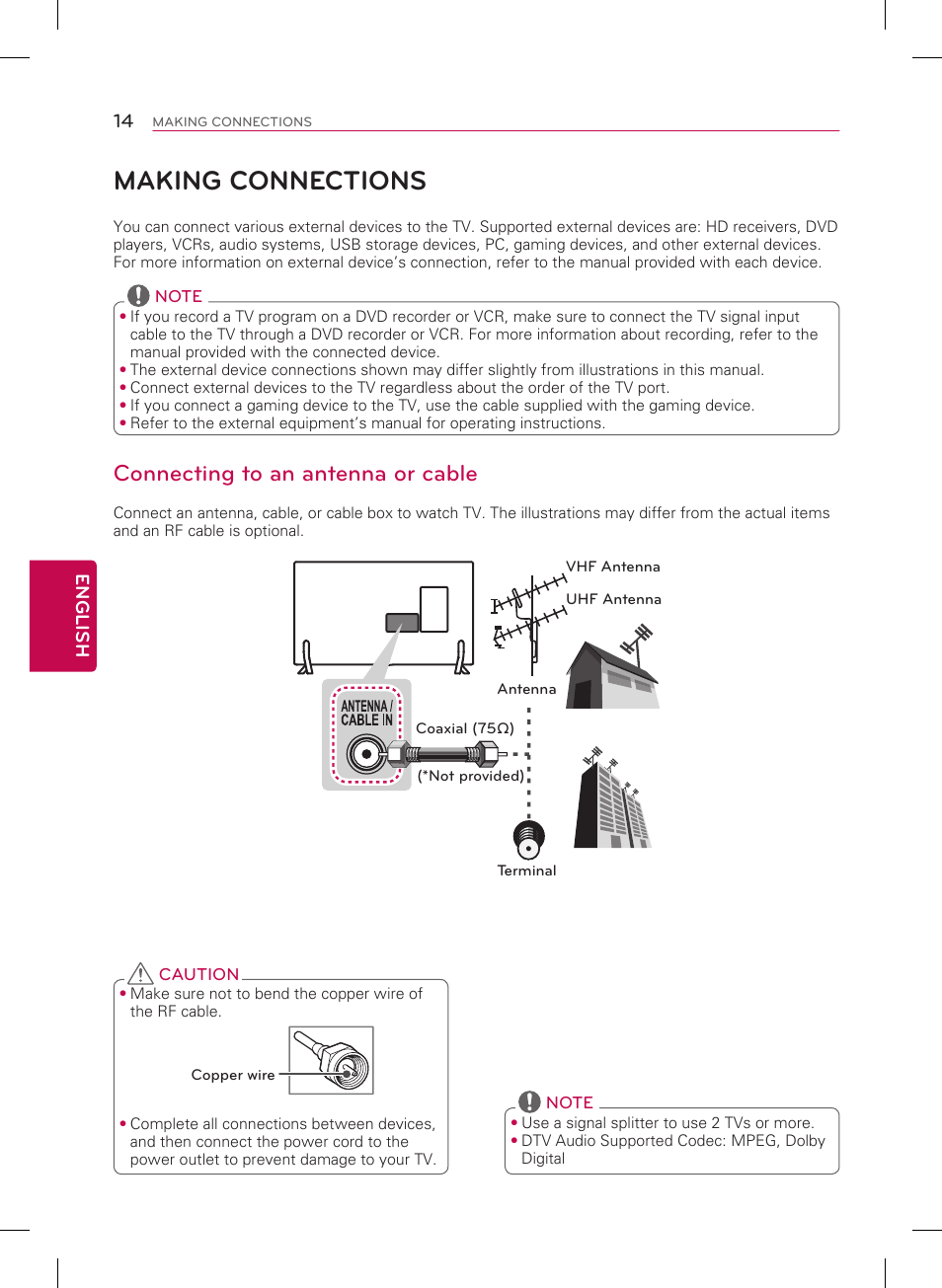 Making connections, Connecting to an antenna or cable | LG 50LB5900 User Manual | Page 14 / 28