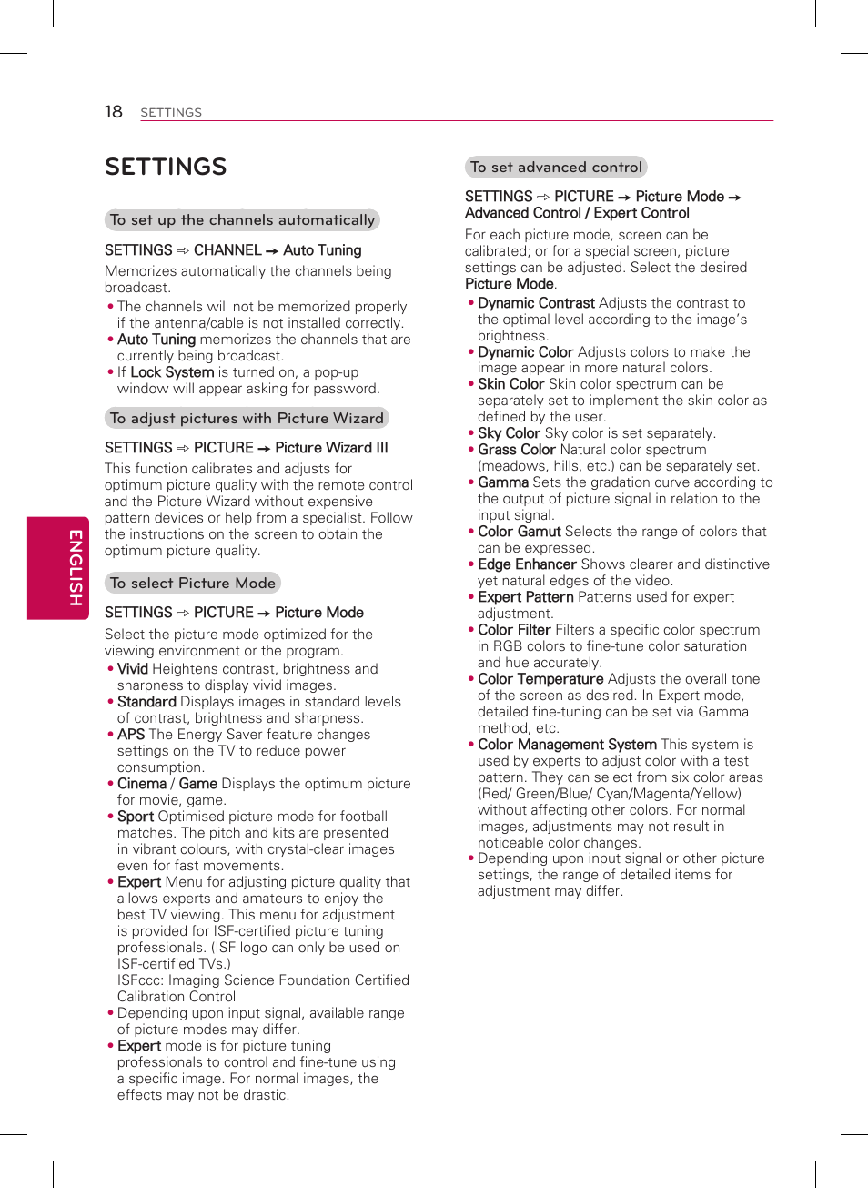 Settings, 18 english | LG 50LB5900 User Manual | Page 18 / 28