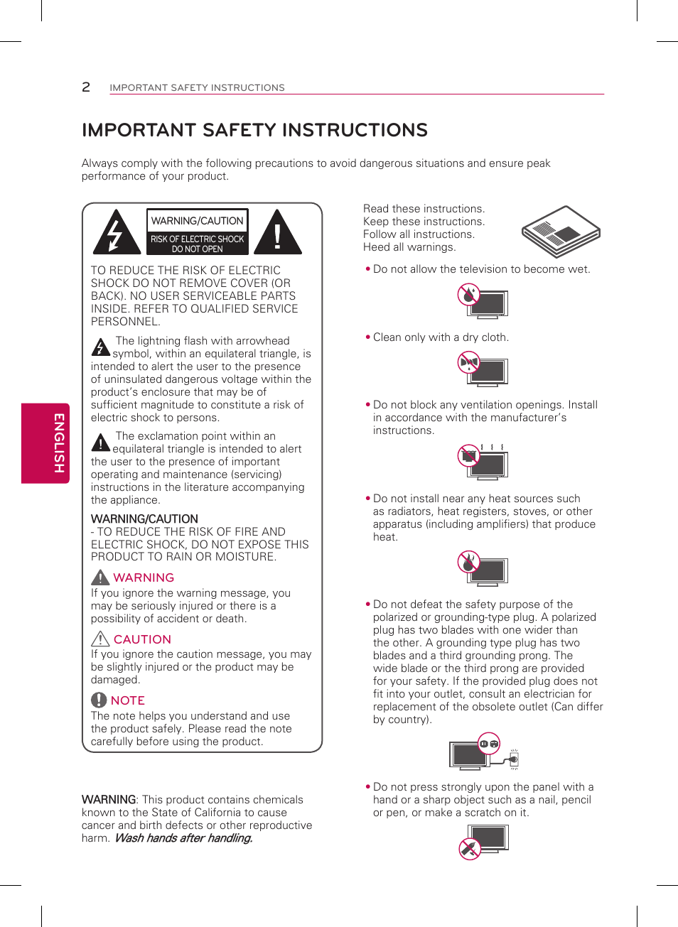 Important safety instructions, 2english | LG 50LB5900 User Manual | Page 2 / 28