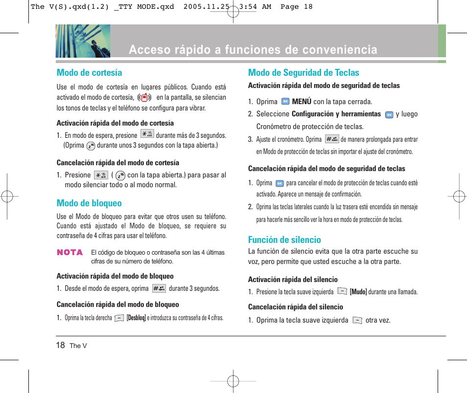 Acceso rápido a funciones de conveniencia, Modo de cortesía, Modo de bloqueo | Modo de seguridad de teclas, Función de silencio | LG LGVX9800 User Manual | Page 116 / 196