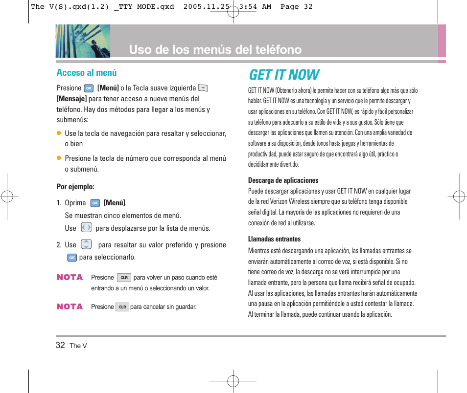 Get it now, Uso de los menús del teléfono, Acceso al menú | LG LGVX9800 User Manual | Page 130 / 196