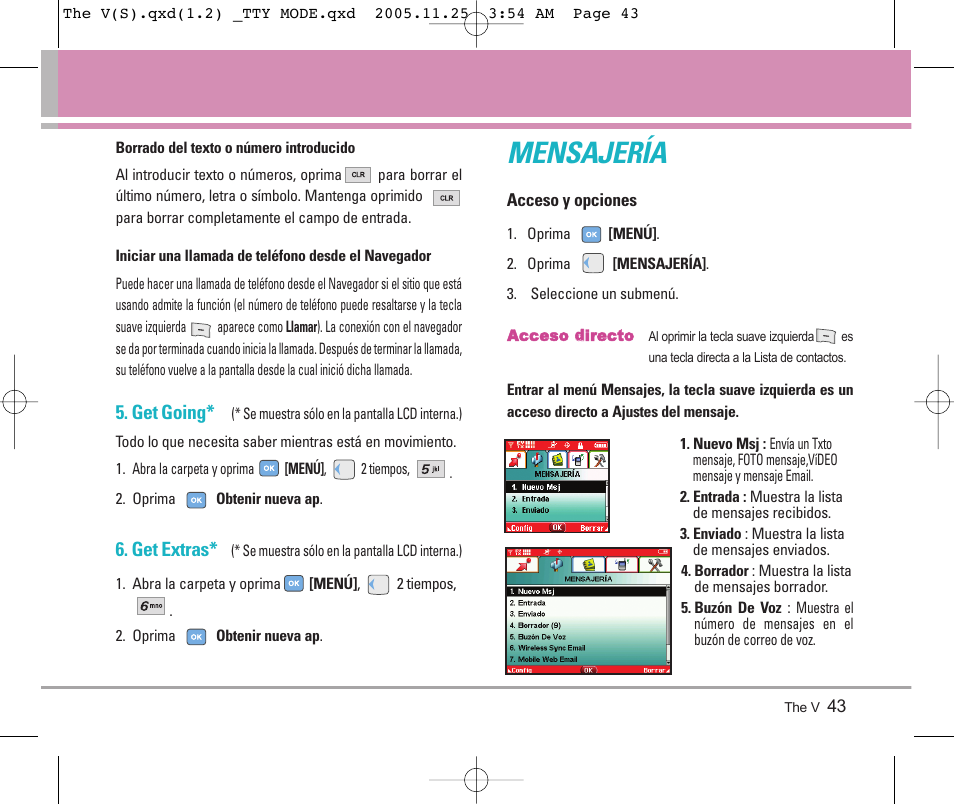 Mensajería, Get going, Get extras | LG LGVX9800 User Manual | Page 141 / 196