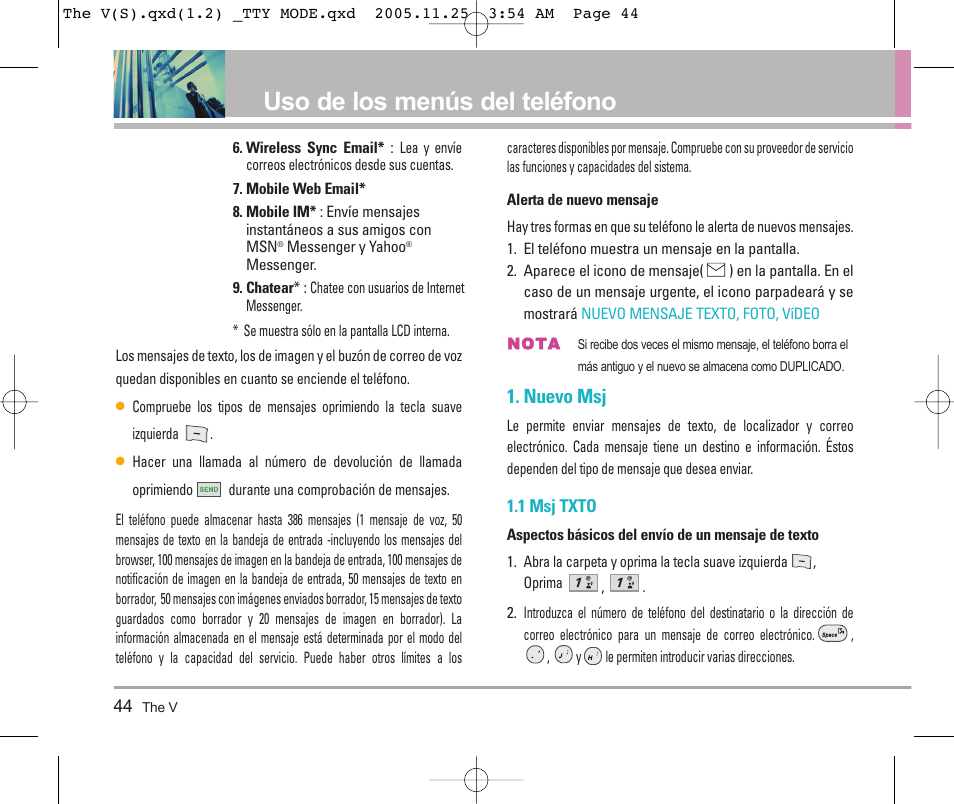 Uso de los menús del teléfono, Nuevo msj | LG LGVX9800 User Manual | Page 142 / 196