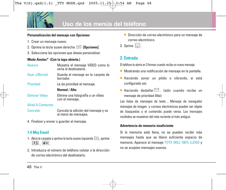 Uso de los menús del teléfono, Entrada | LG LGVX9800 User Manual | Page 146 / 196