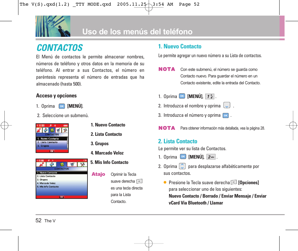 Contactos, Uso de los menús del teléfono, Nuevo contacto | Lista contacto | LG LGVX9800 User Manual | Page 150 / 196