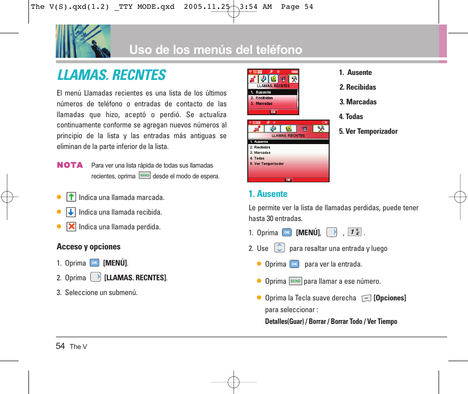 Llamas. recntes, Uso de los menús del teléfono, Ausente | LG LGVX9800 User Manual | Page 152 / 196