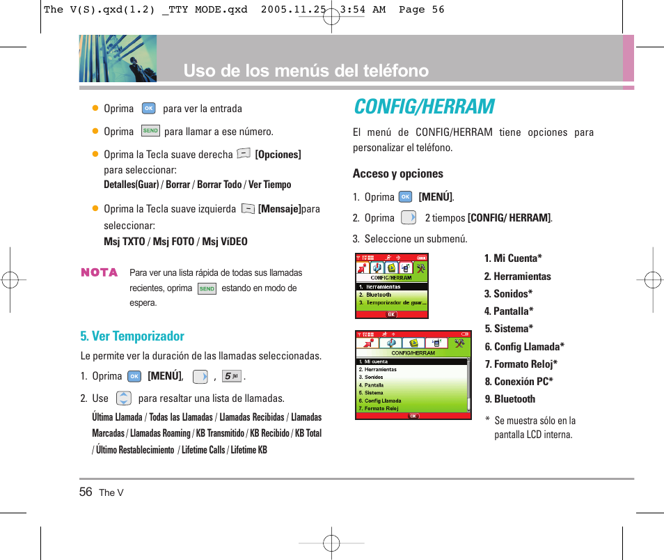 Config/herram, Uso de los menús del teléfono, Ver temporizador | LG LGVX9800 User Manual | Page 154 / 196